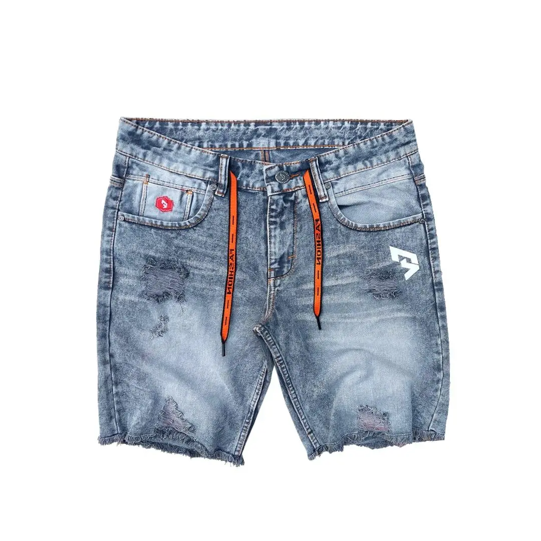 Celana Pendek pria jeans sobek rawis snow washing
