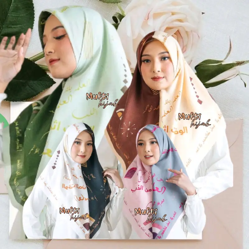 Hijab segiempat tholabul 'ilmi warna hitam putih black white jilbab pegon arab arabic santri pondok pesantren kerudung voal motif premium man ana santri hits viral 2
