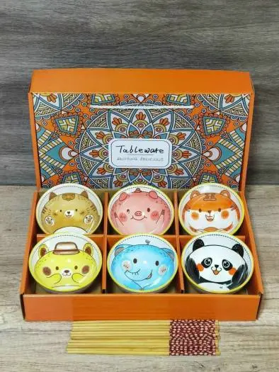 Bộ 6 bát ăn cơm sứ đẹp in hình họa tiết nhiều mẫu chọn tặng kèm đũa