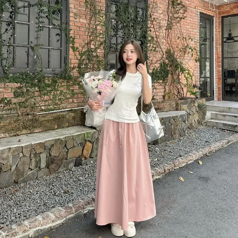 Sét Váy Nàng Thơ Gồm Áo Babytee Màu Trắng+ Chân Váy Dáng Dài Chất Thô Nữ 4