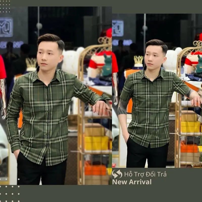 Áo sơ mi nam boy phố  BE BR vải cotton lạnh phối caro xanh rêu dày dặn mặc mát áo cổ thuyền nam Menswear Shirt Có Cổ