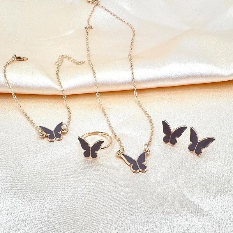 Vòng Cổ Kính Rơi Hình Bướm, Thời Trang Tinh Tế Và Đơn Giản, Dây Chuyền Xương Đòn, Vòng Cổ Thanh Lịch, Bộ Trang Sức Bông Tai, Nhẫn 4