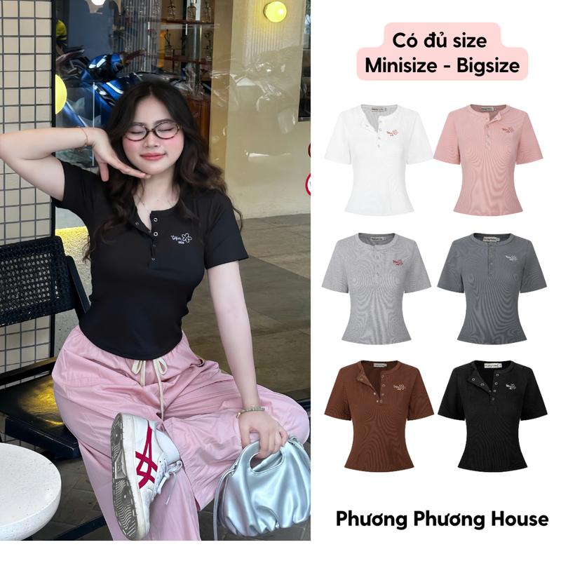 Áo Thun Thêu TRỘM VÍA TAY NGẮN Cổ Trụ Tàu Ôm Gọn Minisize Bigsize Phương Phương House Women Nữ Top