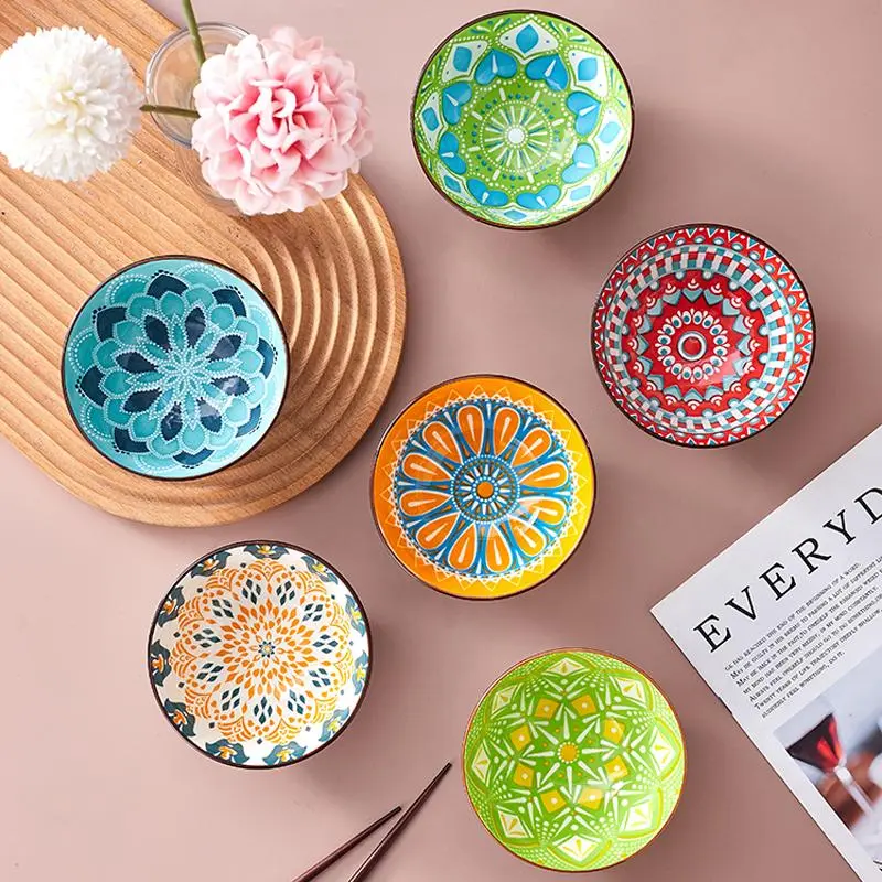 Ceramic Bowl Set, 6 Counts/set Boho Round Dessert Bowl, Multifunctional Bowl for Pasta, Salad, Fruit, Kitchen Accessories Dinnerware, Valentines Gift for Him