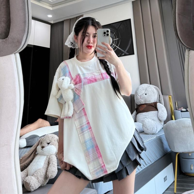 Áo phông nhũ kim tuyến 10,thỏ nơ kẻ caro (FORM RỘNG UNISEX) Top Nữ  Cổ Tròn