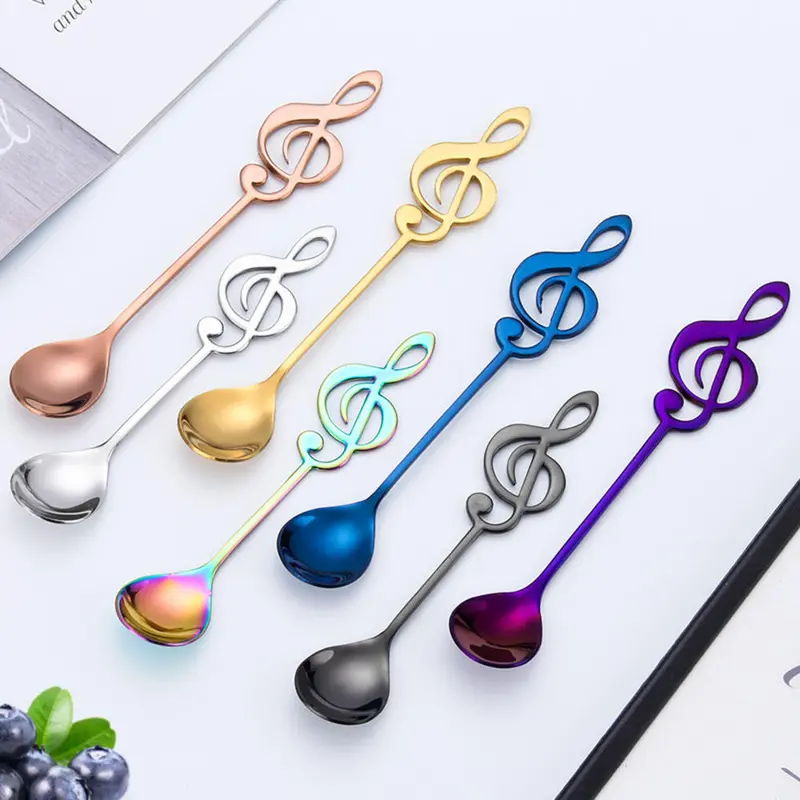 Thìa Nhạc Bằng Thép Không Gỉ, Thìa Trà Khắc, Thìa Cà Phê Sáng Tạo, Nhẹ, Thìa Đá Cán Dài, Dụng Cụ Nhà Bếp, Phụ Kiện Ăn Uống, Quà Tặng 4