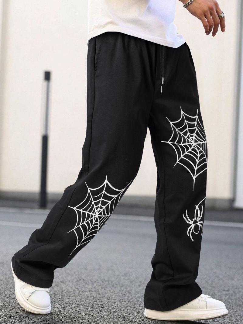 Product Introduction of Men's Loose Spider Web Print Drawstring Waist Straight Leg Pants, Casual Street Pocket Trousers for Daily Wear, Fashion Men's Bottoms for All Seasons, National Day Clothing 14