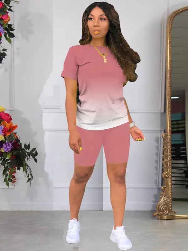 Two-piece Set Women's Ombre Print Skinny Shorts Set, Crew Neck Short Sleeve T-shirt & Track Shorts, Casual Summer Clothes Gym Sets for Women, Tracksuit Outfits To Hide Tummy Uk, Tracksuit Set Holiday 3