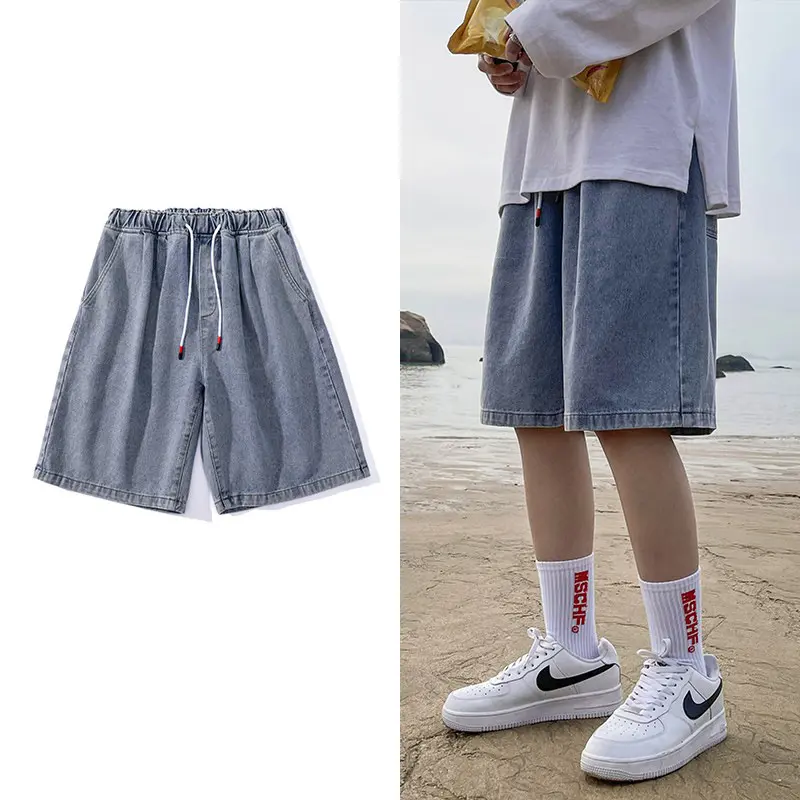 Quần Short Denim, Thương Hiệu Thời Trang Mùa Hè, Dáng Suông Rộng, Phong Cách Thường Ngày Xu Hướng, Phong Cách Hồng Kông, Phong Cách Hàn Quốc, Eo Co Giãn, Quần Short Cướp Biển, Dành Cho Nam