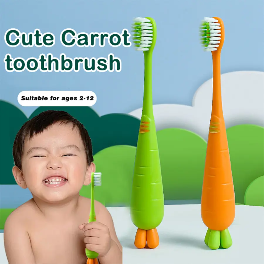 Children's Soft Bristle Toothbrush for Ages 3 to 6 to 12, Specially Designed for Kids, Kindergarten, Elementary School Students, Toddlers, Babies, Cute Carrot Shape