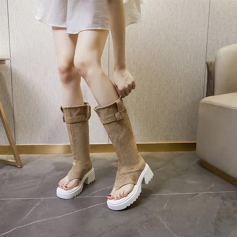 Bốt Nữ, Hàng Mới Về Mùa Hè 2024, Bốt Sandal Đế Xuồng, Màu Kaki, Dễ Phối Đồ Dài Dưới Đầu Gối, Thời Trang Đồng Shoes Boot GiàY