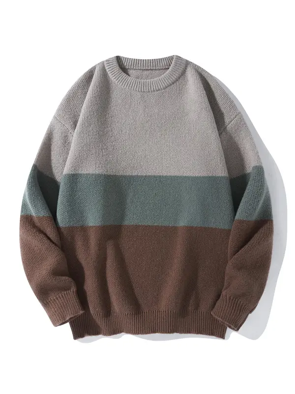Unisex Men's Loose Colorblock Striped Print Drop Shoulder Crew Neck Sweater, Casual Long Sleeve Round Neck Jumper Tops for Fall & Winter, Menswear 0