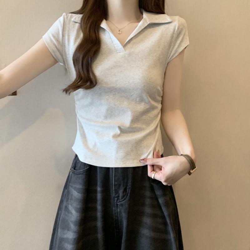 Product Introduction of 106 # Real Shot Real Price 40s Pure Cotton 210g (92% Cotton/8% Spandex) Polo Collar Waist-Cinching Short Sleeve T-Shirt for Women Top Womenswear 20