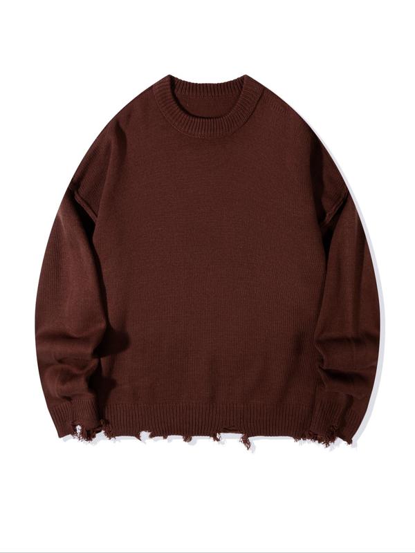 Men's Solid Ripped Drop Shoulder Sweater, Loose Casual Long Sleeve Round Neck Jumper for Fall & Winter, Men's Knitwear for Daily Wear 3