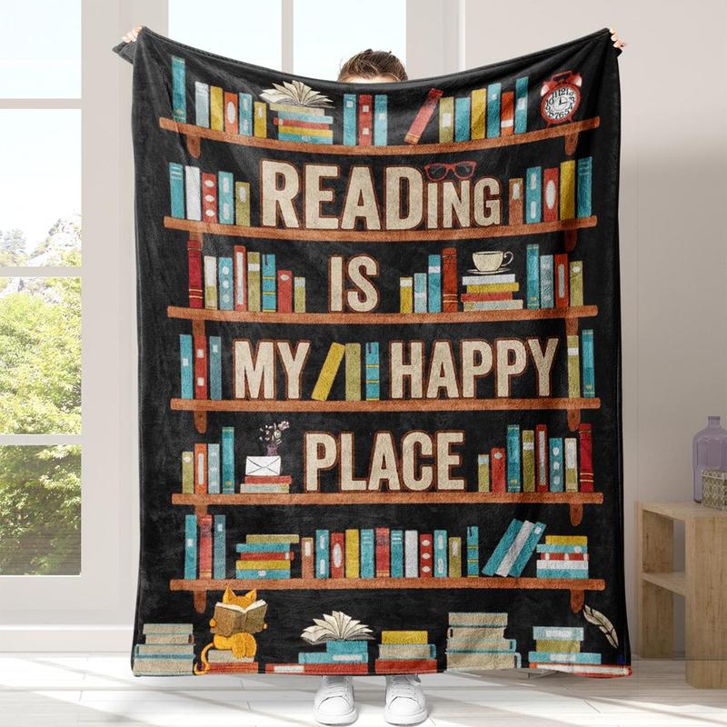 Book Print Flannel Blanket, Letter Print Soft Warm Throw Blanket, Napping Blanket for Home & Office Couch 0