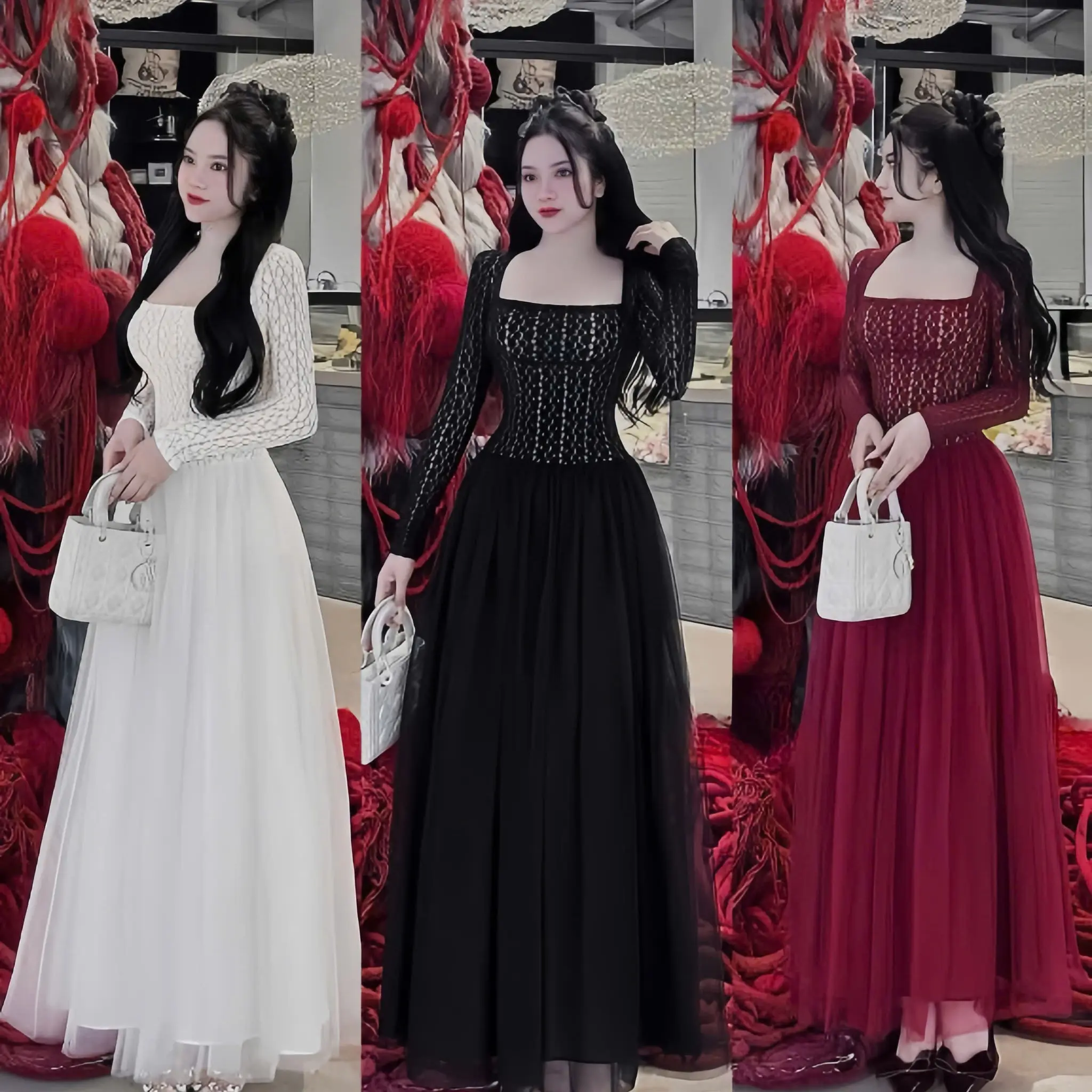 Đầm váy nữ len ren phối tùng lưới cổ vuông dài tay dáng dài xòe xinh xắn sang chảnh dành cho các nàng diện đi chơi,đi tiệc.  Women top