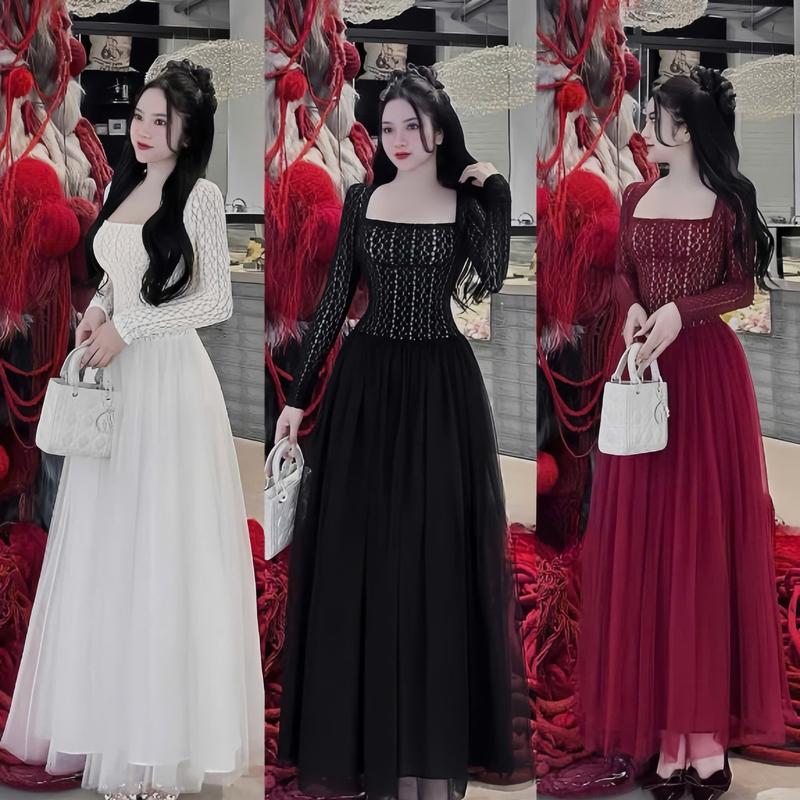 Đầm váy nữ len ren phối tùng lưới cổ vuông dài tay dáng dài xòe xinh xắn sang chảnh dành cho các nàng diện đi chơi,đi tiệc.  Women top 0