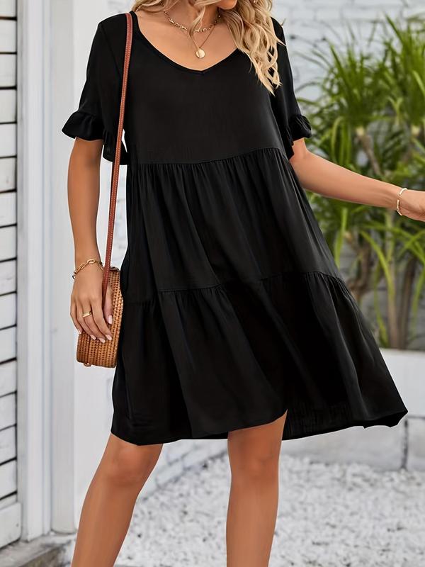 Plus Size Solid Ruffle Hem V Neck Dress, Casual Short Sleeve A-line Dress for Summer, Ladies Dresses Summer, Women's Summer Clothes for Daily Wear 2