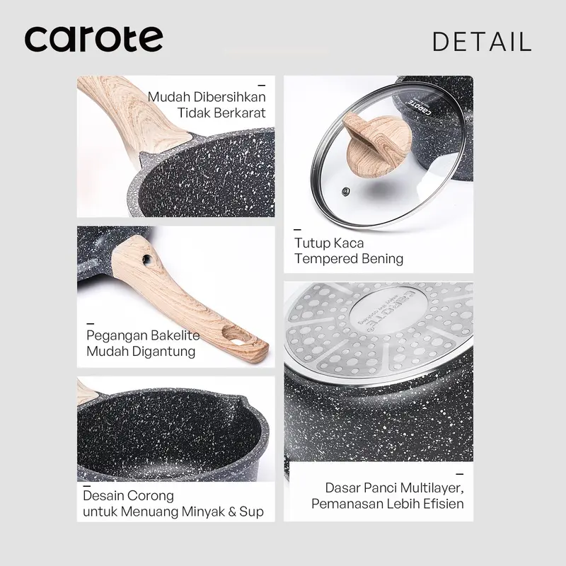 CAROTE Panci Susu Satuan 16/18/20cm Lapisan Granit Anti Lengket Dilengkapi Dengan Tutup Kaca Cocok Untuk Semua Jenis Kompor Mudah Dibersihkan Free PFOA Essential Woody Hitam 4