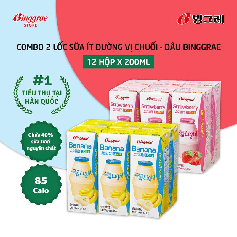 Combo 2 Lốc Sữa Ít Đường Vị Chuối – Dâu Hàn Quốc Binggrae 200ml x 12 hộp