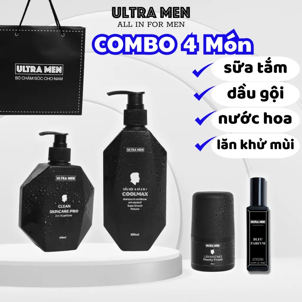 Combo Sữa tắm nam + dầu gội nam + Lăn khử mùi + 20ml nước hoa ,Bộ quà tặng nam giới cao cấp