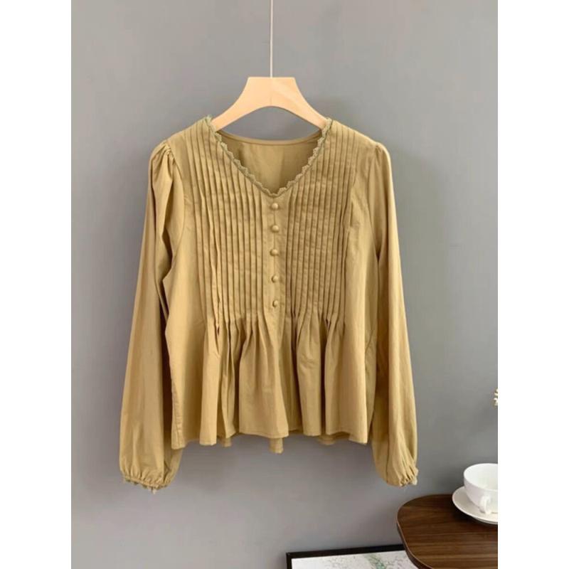 Product Introduction of CHICMORE Atasan Kemeja lipit desain retro Lengan Panjang Gaya Modis Untuk Wanita 2