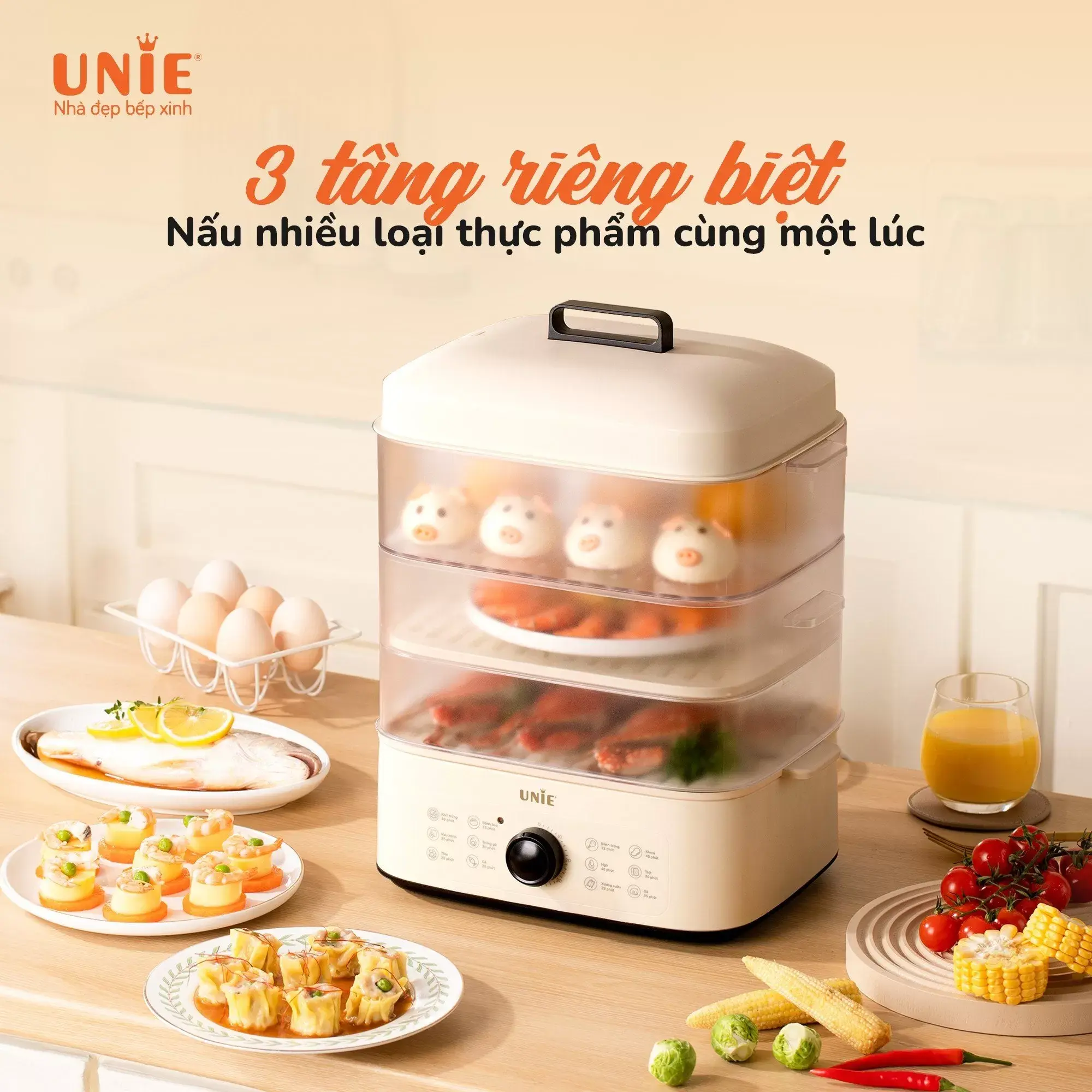 Nồi hấp điện UNIE UE560 dung tích lớn 18L, 3 tầng hấp, 12 tính năng tiện lợi