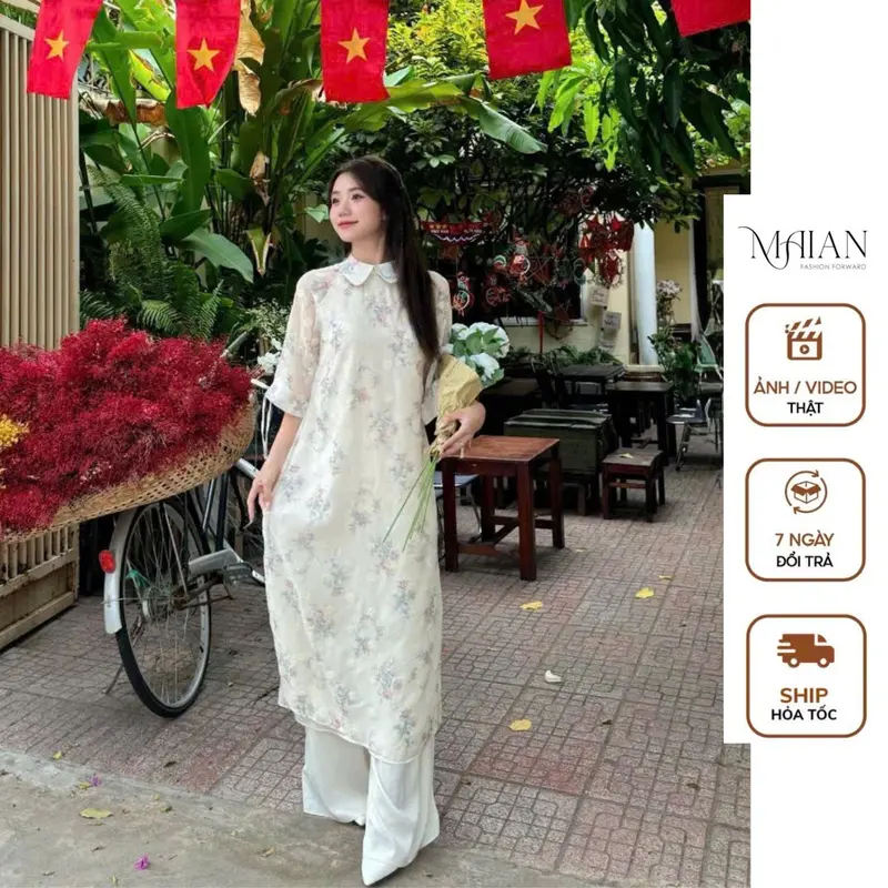 Set áo dài in hoa thêu 4 tà chất vải thô S5059 áo phối cổ sen tay gập đính nơ dáng suông kèm quần lụa nhẹ nhàng Maian 0