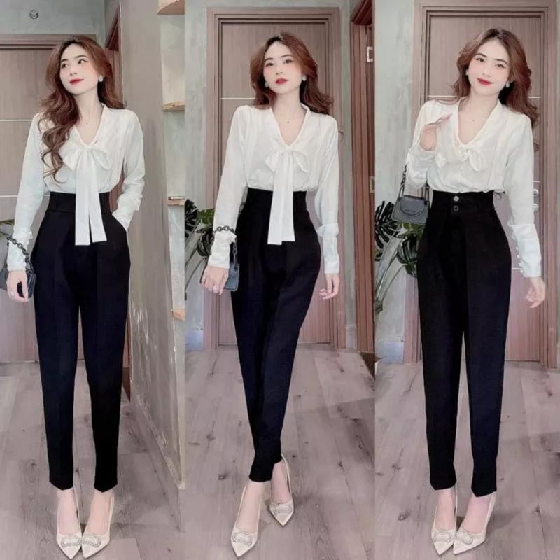 Quần baggy nữ lưng cao công sở mặc đi học sinh dáng dài chất vải tuyết mưa trơn kiểu dáng Quần tây đen cạp cao mặc làm công sở Pants Denim Women Kem