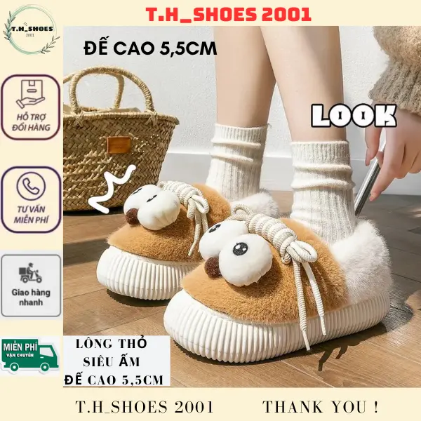 (Kèm Tất)Dép Lông Nhung Đế Dày 5,5Cm Cute Đính Mắt Và Hoạ Tiết Dễ Thương Phong Cách Tiểu Thư Êm Chân Siêu Ấm (Đế Sần) Nữ DéP