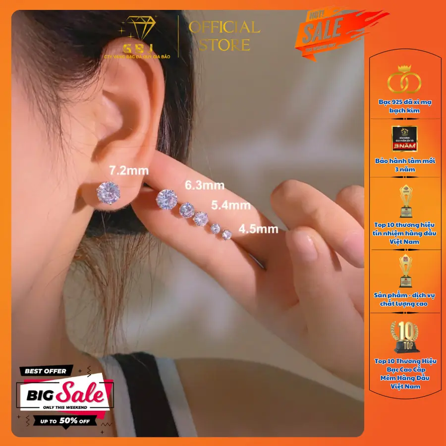 Hoa Tai Bạc V.ỏ X.o.à.n XI KIM 4 Chấu (chốt đẩy) - 6 Chấu (chốt vặn) Đ.á CZ Thuỵ Sỹ - Đ.á Moissanite Phong Cách Unisex GBJ685
