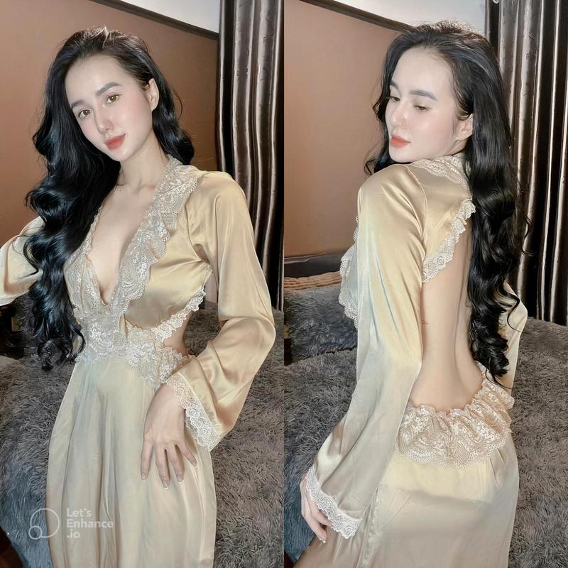 Đầm ngủ dáng dài Cut Out lưng quyến rũ chất lụa latin siêu xinh Freesize Hàng thiết kế cao cấp lụa Váy Ngủ Nữ Dress Women Voan áo liền quần trắng + áo ngoài draped