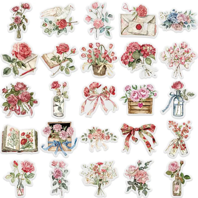 Vintage Rose Flower Scrapbooking Stickers, 50pcs Waterproof Clear Floral Decals for Scrapbook, Journals, Planners, Envelope, Gift Wrapping 4