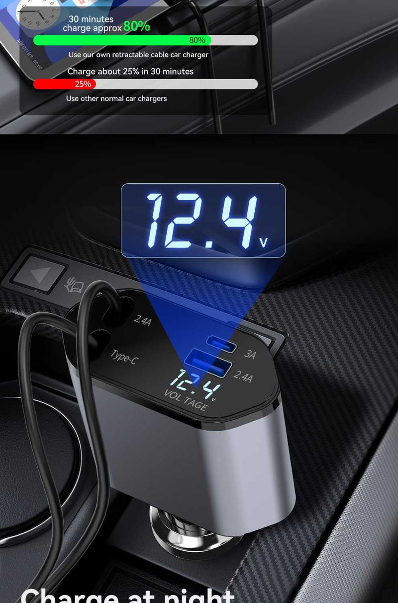 Product Introduction of new 120W multi-functional car charger for car charging elastic recovery for Apple jack and Typr-C with numerical display direction adjustable multi-port work simultaneously luggage  holder universal  travel tessan  travel Ultra-Fast Multi-Device Type C 17
