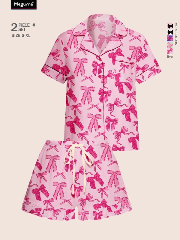 Women's Bow Print Lapel Shirt & Shorts Pyjama Set, Casual Comfy Short Sleeve Pocket Top & Shorts Set, Ladies Sleepwear for All Seasons 3