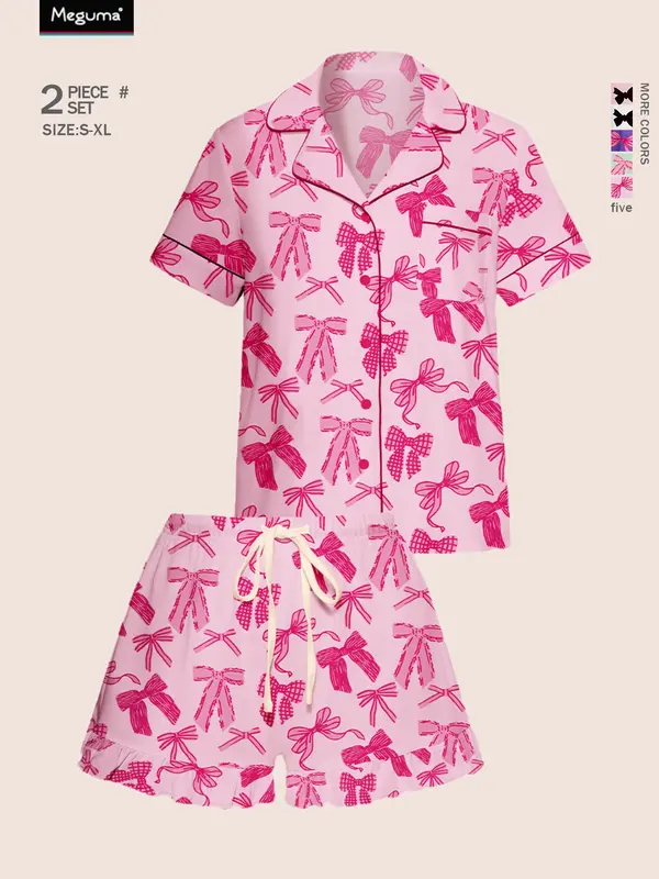 Women's Bow Print Lapel Shirt & Shorts Pyjama Set, Casual Comfy Short Sleeve Pocket Top & Shorts Set, Ladies Sleepwear for All Seasons 3