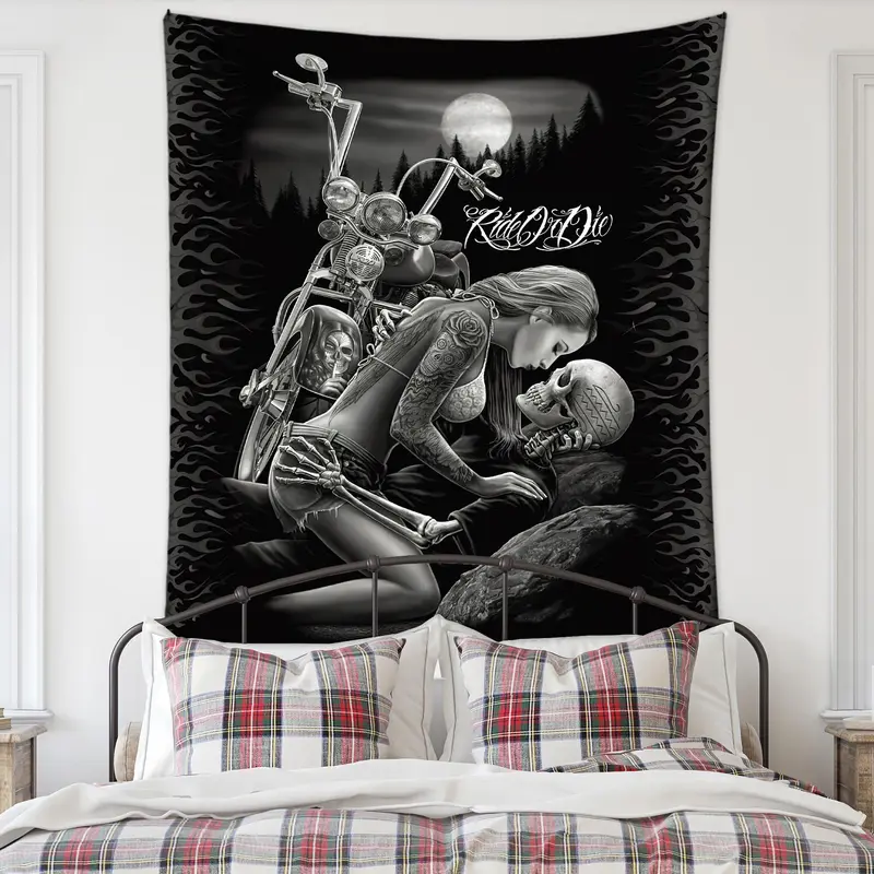 Halloween Motorcycle & Couple Pattern Tapestry, Halloween Decor Gothic Style Wall Hanging, Wall Decor for Home Living Room Bedroom Office Dormitory, Valentine's Day Gift Idea 6