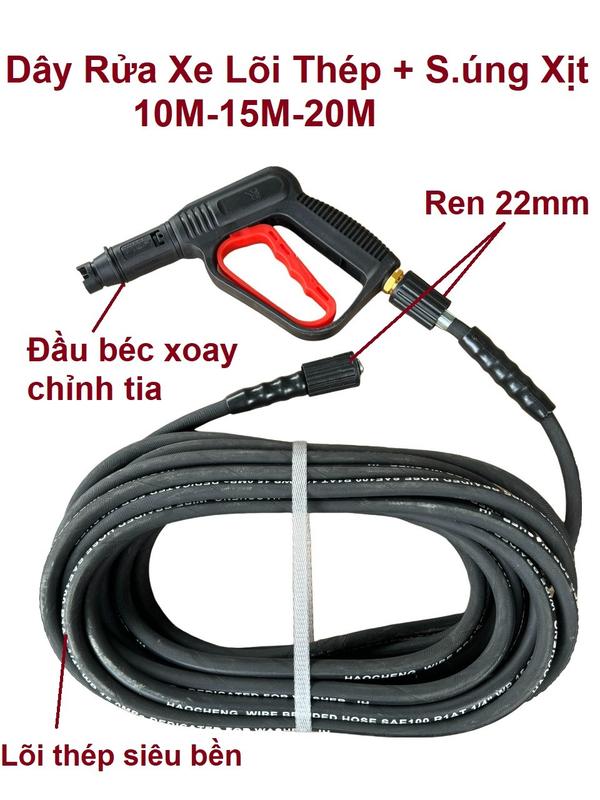 Bộ 10m,15m,20m dây rửa xe lõi thép chống gập, gãy siêu bền và s.úng xịt rửa xe áp lực cao - REN 22mm