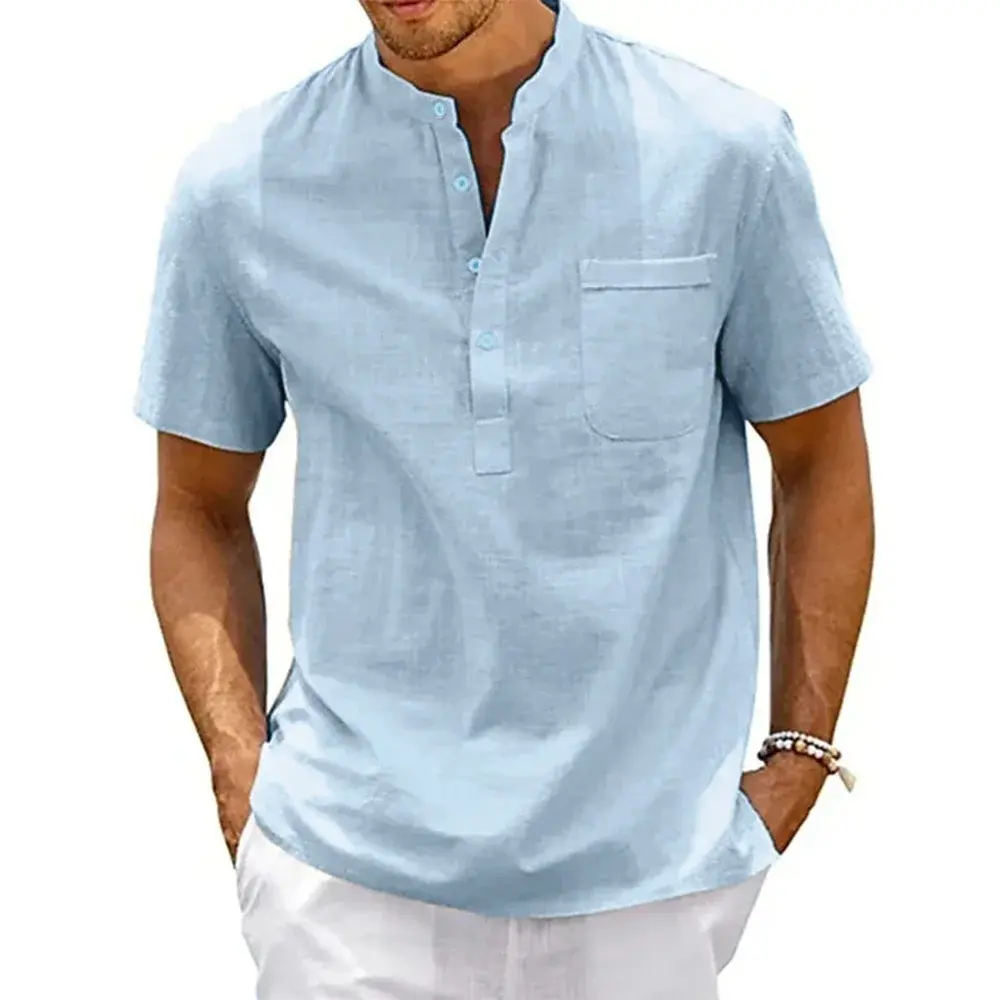 Men's summer Henley shirt collar casual pocket beach solid color top retro streetwear t-shirt short sleeved shirt