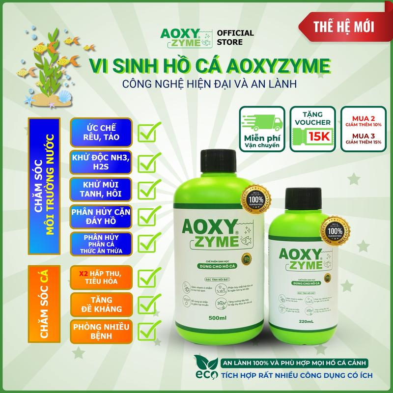 Vi sinh Aoxyzyme cho hồ cá, bể cá thủy sinh giúp ức chế và diệt rêu xanh, tảo gây hại, Khử mùi hôi tanh, Khử khí độc NH3 & H2S trong 24h, Ổn định nước, Cá khỏe, Tăng đề kháng, Tăng hấp thu thức ăn, Giúp cá phòng nhiều bệnh Chai 220mL và 500mL