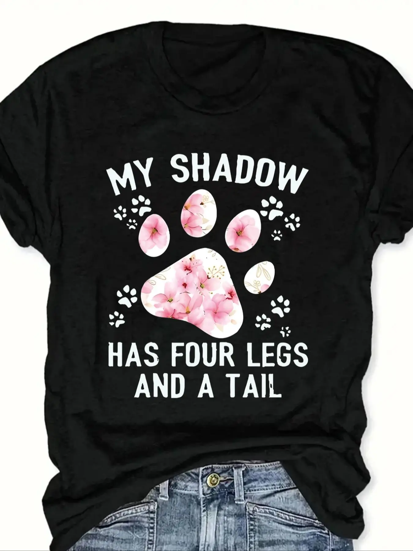 Plus Size Paw & Letter Print Crew Neck Tee, Fashion Floral Graphic Short Sleeve T-Shirt for Daily Holiday Vacation Outdoor Wear, Women Plus Clothing for Summer