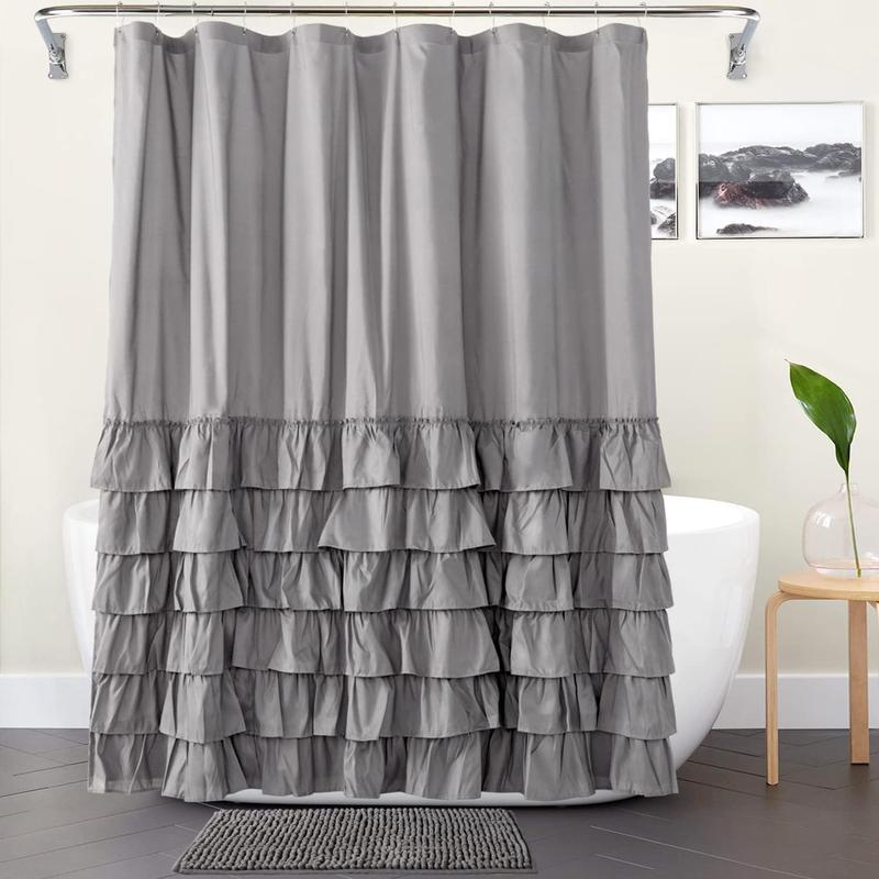 Product Introduction of Ruffle Trim Bathroom Curtain, 1 Count Solid Color Bathroom Decorative Curtain with Hooks, Bathroom Accessories, Home Decor Supplies for Bathroom 10