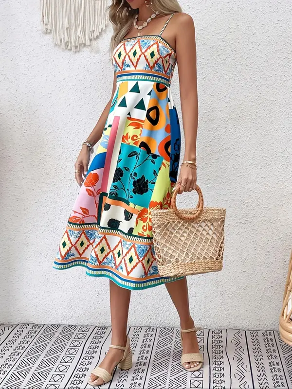 Women's All Over Print Shirred Dress without Bag, Elegant Sleeveless A Line Dress for Summer, Ladies Clothes for Beach Holiday Vacation 0