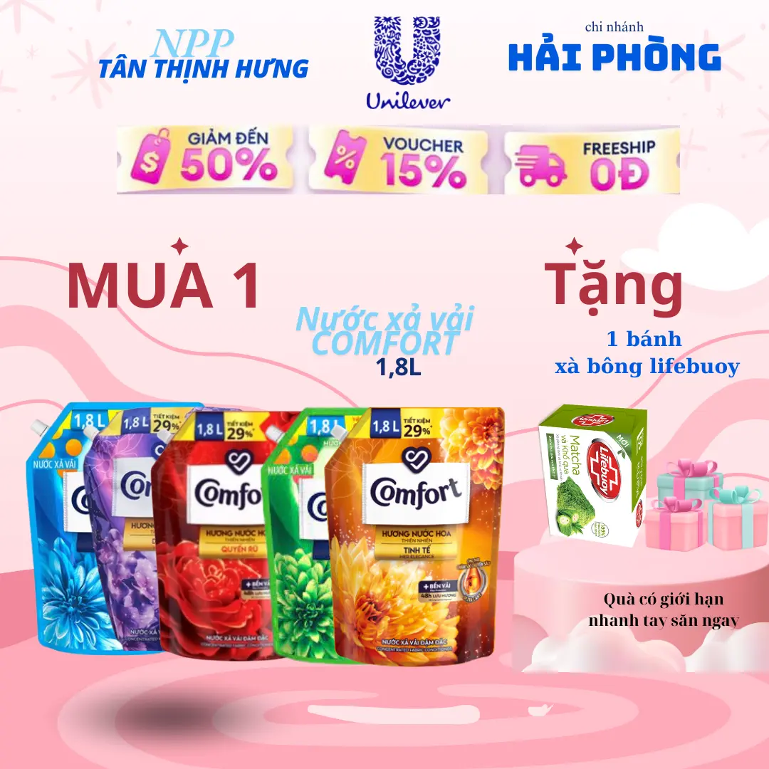 Nước xả vải Comfort 1,8l nhiều mùi hương tặng thêm 1 bánh xà bông khổ qua giảm mụn
