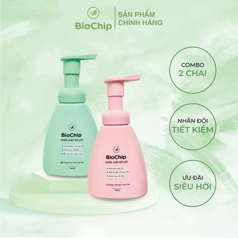 Combo 2 chai Nước giặt đồ lót sinh học BioChip hương hoa anh đào và hương trà xanh Chất lỏng Làm Sạch 0