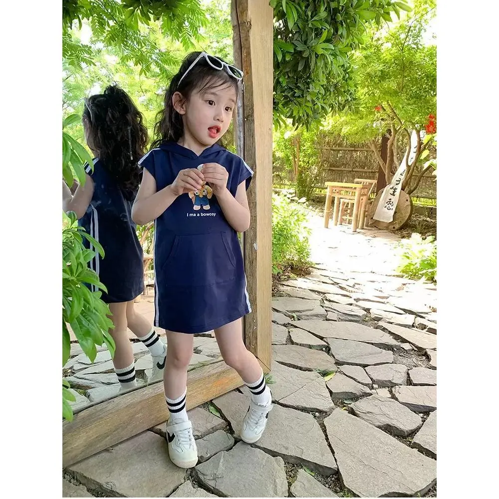 Girls' Sundress Summer 2024 New Children's Western Style T-shirt Skirt Korean Style Girls' Cartoon T-shirt Sleeveless Dress