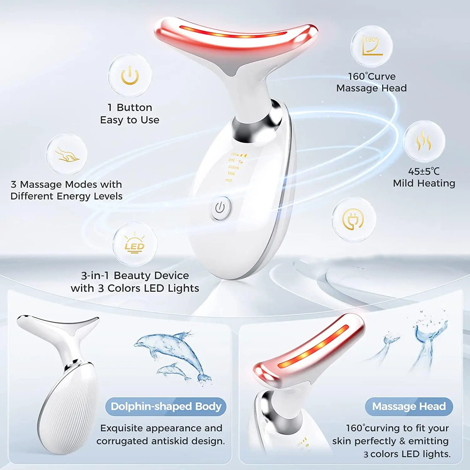 Spring Facial and Neck Massager, USB Rechargeable 3-color LED Tool for ...