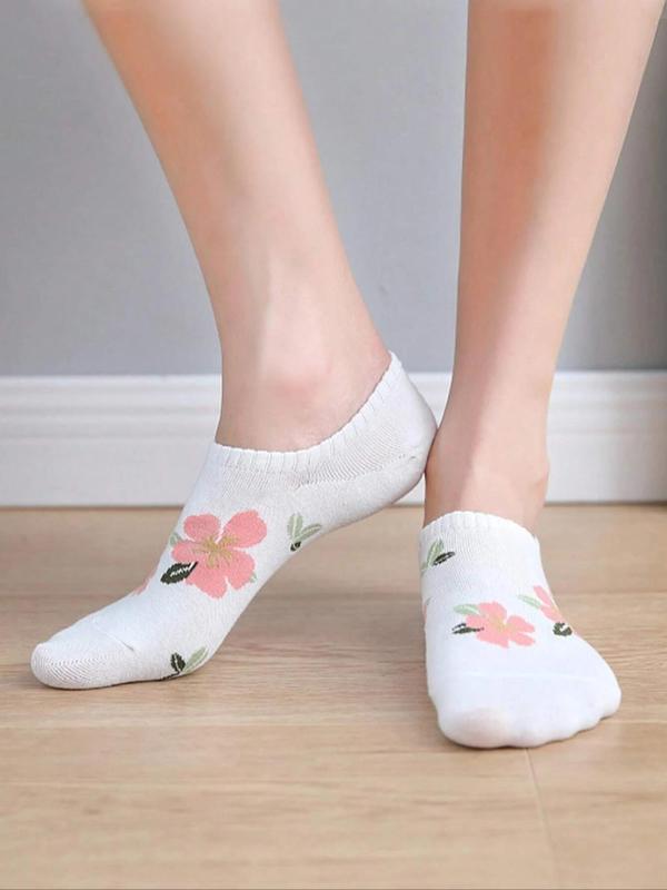 Women's 5 Pairs Floral Print Invisible Socks, Anti-odor Sweat-absorbing Comfortable Breathable Crew Socks, Multipack Low Cut Knit Socks, Women's Hosiery 2
