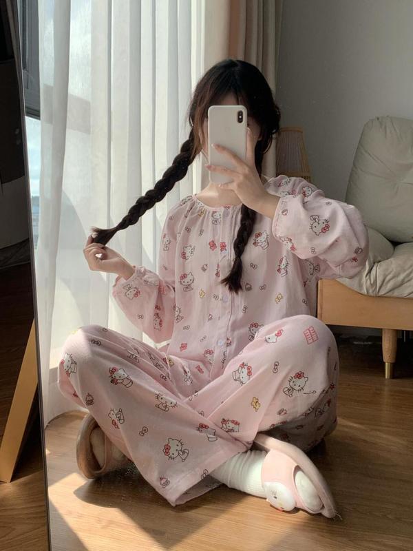 Bộ Đồ Ngủ Hello Kitty, Dành Cho Nữ, Thiết Kế Hoạt Hình Dễ Thương, PannoFluxus, Thích Hợp Cho Mùa Xuân Và Mùa Thu, Hàng Mới Về, Lý Tưởng Cho Sinh Viên Ký Túc Xá, Áo Dài Tay Và Quần Dài, Áo Mặc Bên Ngoài, Bộ Quần Áo Mặc Nhà 7