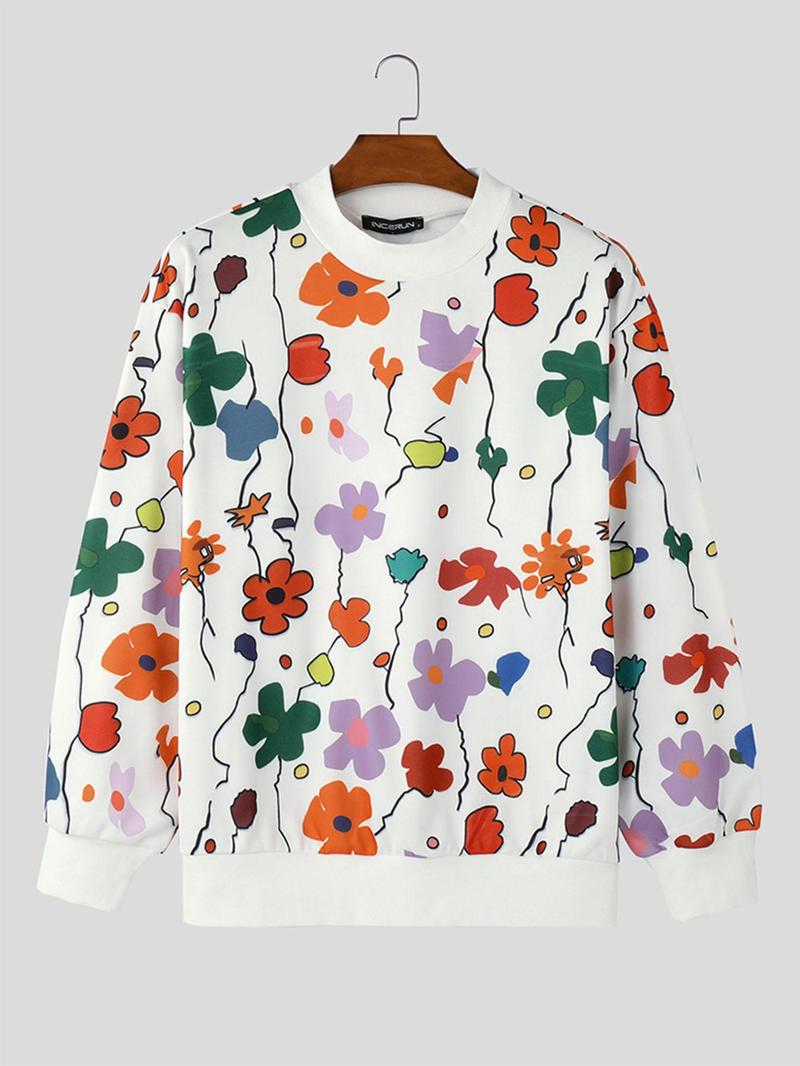 Product Introduction of Men's Floral Print Mock Neck Sweatshirt, Trendy Loose Casual Long Sleeve Pullover for Spring & Fall, Fashion Men's Top for Daily Wear 8